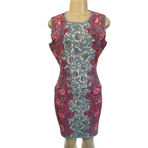 BCBGMAXAZRIA Dress Womens Medium Blue Red Floral Sleeveless Jacquard Bodycon Zip - Picture 1 of 11